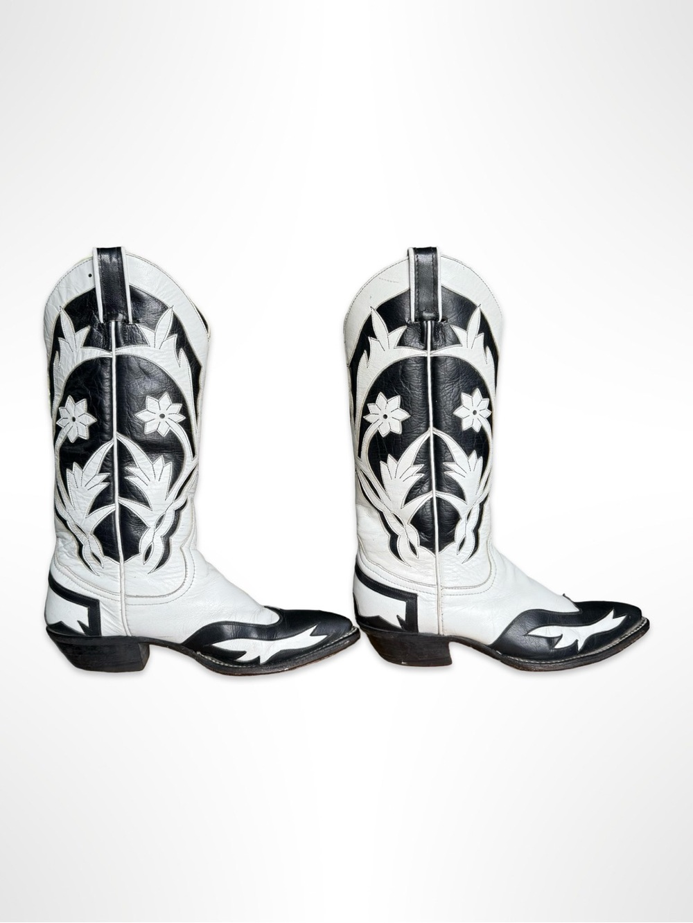 Vintage Custom El Paso Cowboy Boots Black White Floral Inlay Peewee Womens 8.5 - Picture 4 of 10
